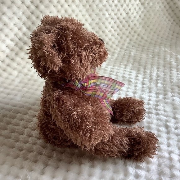 Cute Brown Plush Bear with Plaid Pink Purple Yellow Bow Stuffed Animal Toy - Picture 4 of 10